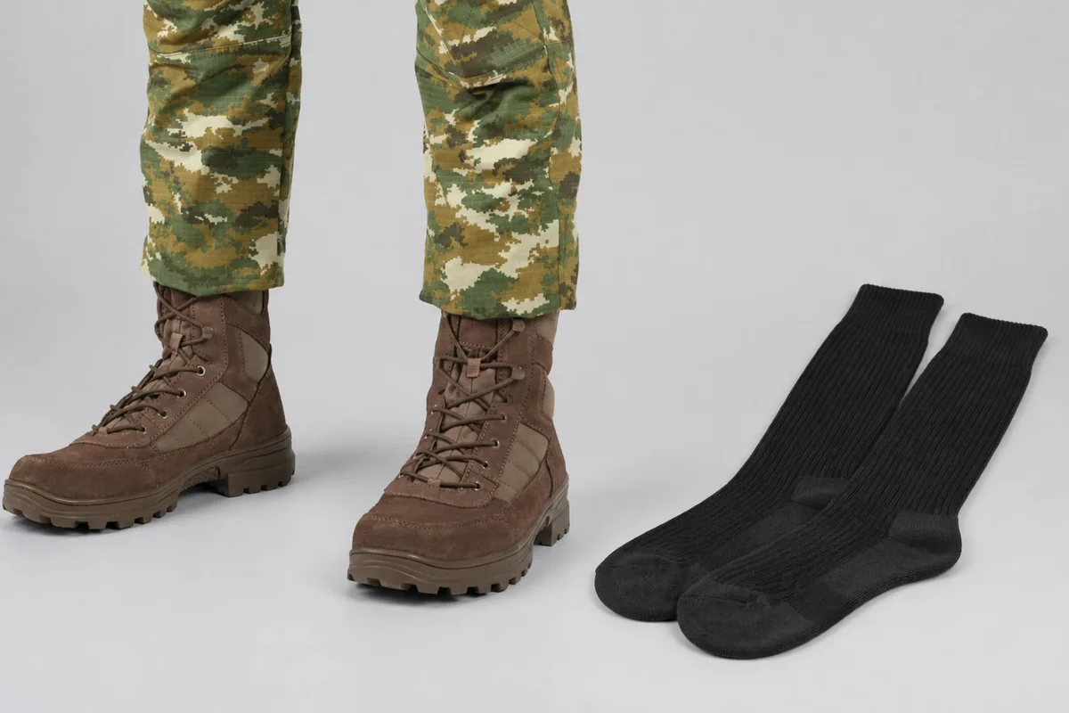 Sepatu PDL cokelat dengan sepasang kaos kaki dinas panjang hitam