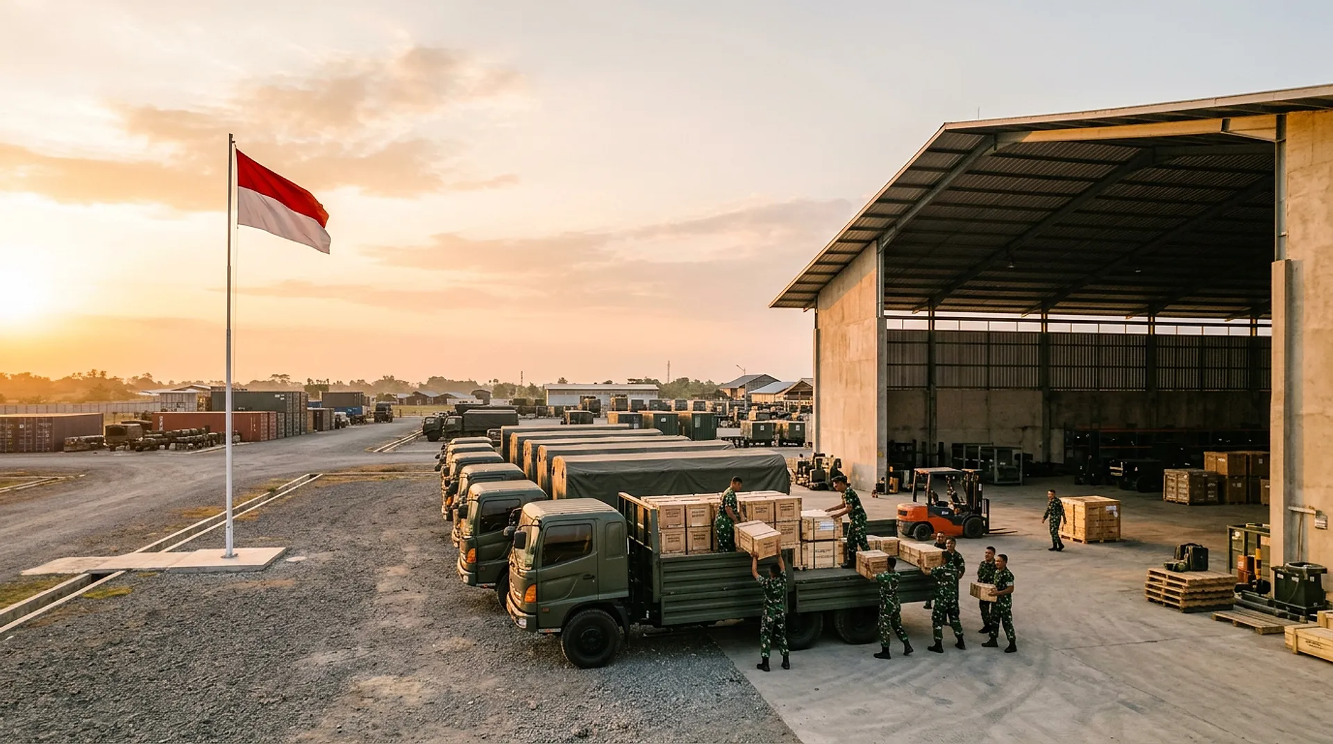 TNI logistics trucks loaded with supply crates in front of a depot, with the red and white flag at sunset