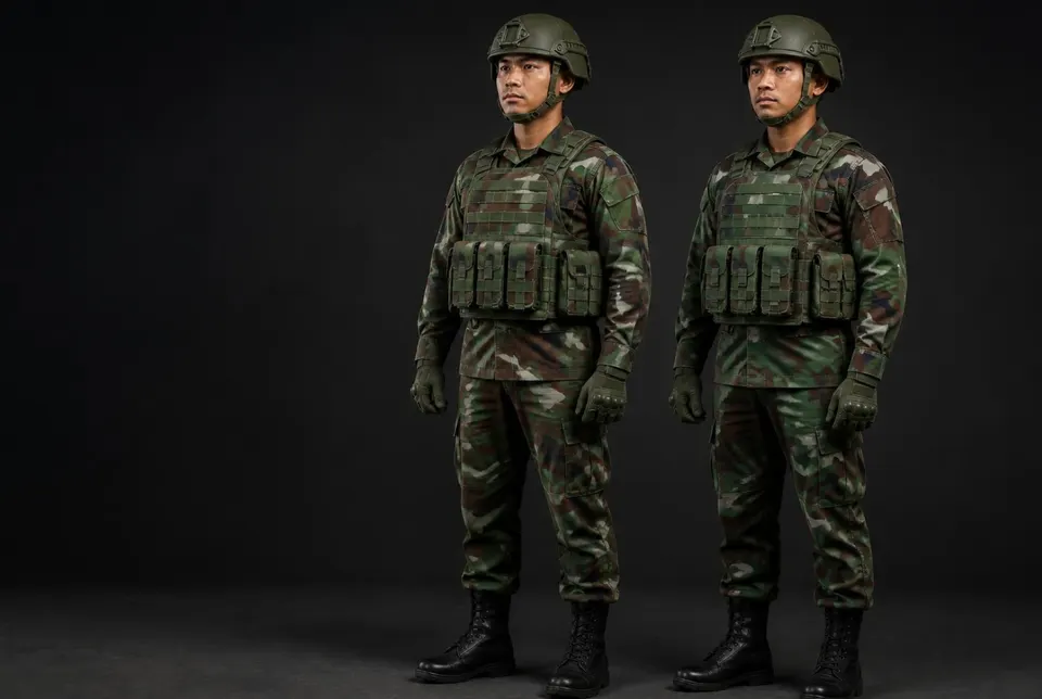Two personnel wearing the IPP Set: tactical helmet, camouflage vest with magazine pouches, and gloves